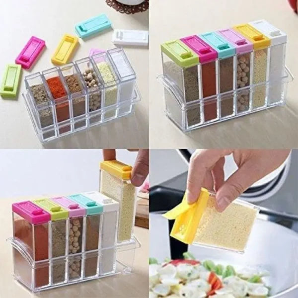 Royal 6 Spice Jars Dispenser Masala Rack Easy Flow Storage Crystal Seasoning Box Multicolour Set Of 6
