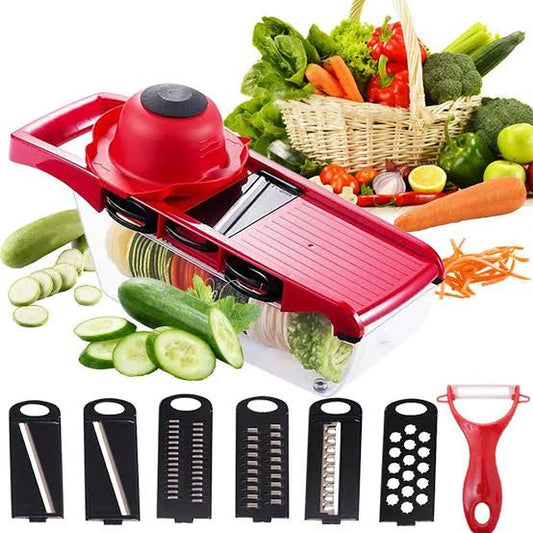 Branded 10 In 1 Mandolin Slicer Vegetable Cutter With Stainless Steel Blade Manual Potato Peeler Carrot Cheese Grater Nicer Kitchen Tool – Mandolin Vegetable Cutter – Red Color