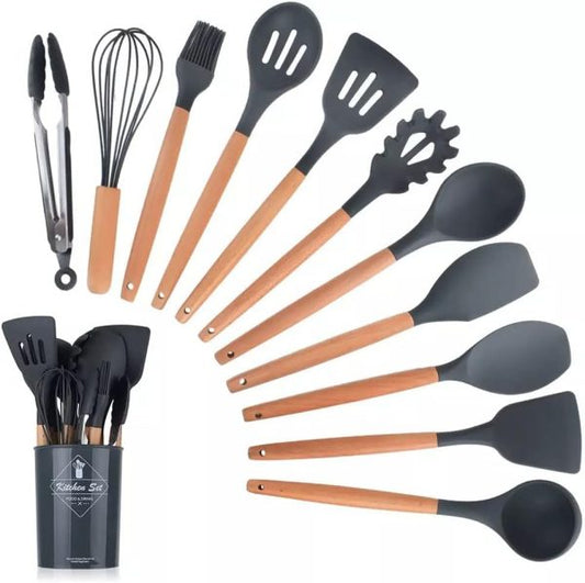 Upgraded New 12 Pcs Silicone Cooking Utensils Kitchen Utensil Set | Heat Resistant Kitchen Non Toxic Spatula Set With Turner Tongs,spoon,brush,whisk-wooden Handle – Random Color