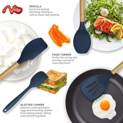 Upgraded New 12 Pcs Silicone Cooking Utensils Kitchen Utensil Set | Heat Resistant Kitchen Non Toxic Spatula Set With Turner Tongs,spoon,brush,whisk-wooden Handle – Random Color