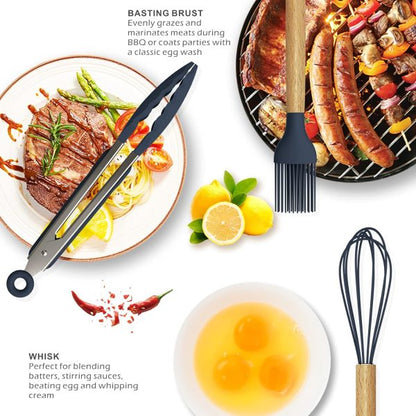 Upgraded New 12 Pcs Silicone Cooking Utensils Kitchen Utensil Set | Heat Resistant Kitchen Non Toxic Spatula Set With Turner Tongs,spoon,brush,whisk-wooden Handle – Random Color