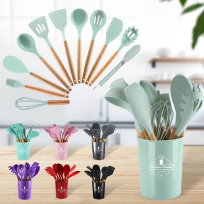 Upgraded New 12 Pcs Silicone Cooking Utensils Kitchen Utensil Set | Heat Resistant Kitchen Non Toxic Spatula Set With Turner Tongs,spoon,brush,whisk-wooden Handle – Random Color