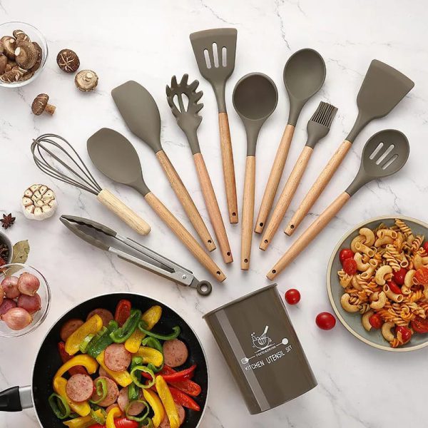Upgraded New 12 Pcs Silicone Cooking Utensils Kitchen Utensil Set | Heat Resistant Kitchen Non Toxic Spatula Set With Turner Tongs,spoon,brush,whisk-wooden Handle – Random Color