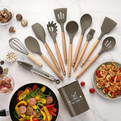 Upgraded New 12 Pcs Silicone Cooking Utensils Kitchen Utensil Set | Heat Resistant Kitchen Non Toxic Spatula Set With Turner Tongs,spoon,brush,whisk-wooden Handle – Random Color