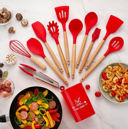 Upgraded New 12 Pcs Silicone Cooking Utensils Kitchen Utensil Set | Heat Resistant Kitchen Non Toxic Spatula Set With Turner Tongs,spoon,brush,whisk-wooden Handle – Random Color