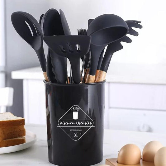 Upgraded New 12 Pcs Silicone Cooking Utensils Kitchen Utensil Set | Heat Resistant Kitchen Non Toxic Spatula Set With Turner Tongs,spoon,brush,whisk-wooden Handle – Random Color