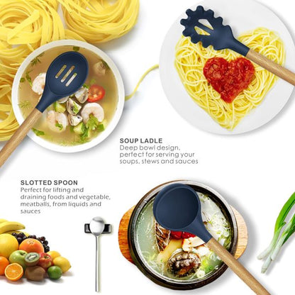Upgraded New 12 Pcs Silicone Cooking Utensils Kitchen Utensil Set | Heat Resistant Kitchen Non Toxic Spatula Set With Turner Tongs,spoon,brush,whisk-wooden Handle – Random Color
