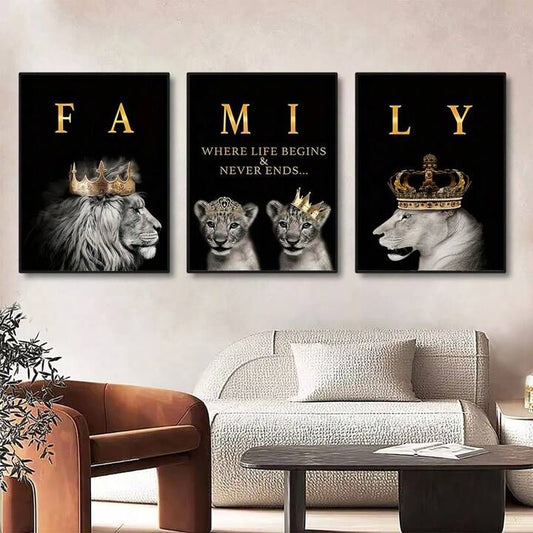 Royal Lion Family Metal Wall Art – Set Of 3 Panels (8×11 Inches Each) | Modern Metal Paintings For Home & Office Décor
