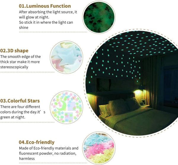 Super Pack Of 100 – 3d Glowing Stars For Ceiling And Wall Decoration – Luminous Night Sky Stickers For Kids’ Rooms, Bedrooms, And Nurseries – Glow-in-the-dark Wall Decals With Adhesive