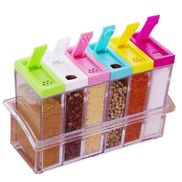 Royal 6 Spice Jars Dispenser Masala Rack Easy Flow Storage Crystal Seasoning Box Multicolour Set Of 6
