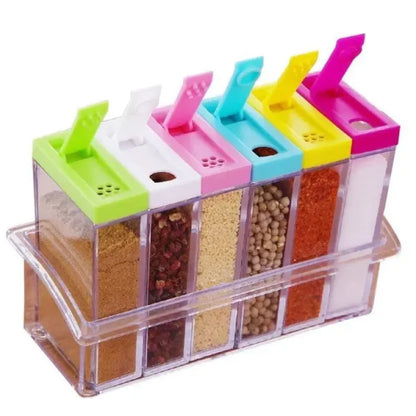 Royal 6 Spice Jars Dispenser Masala Rack Easy Flow Storage Crystal Seasoning Box Multicolour Set Of 6