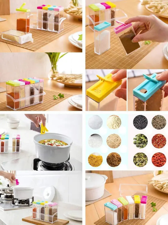 Royal 6 Spice Jars Dispenser Masala Rack Easy Flow Storage Crystal Seasoning Box Multicolour Set Of 6